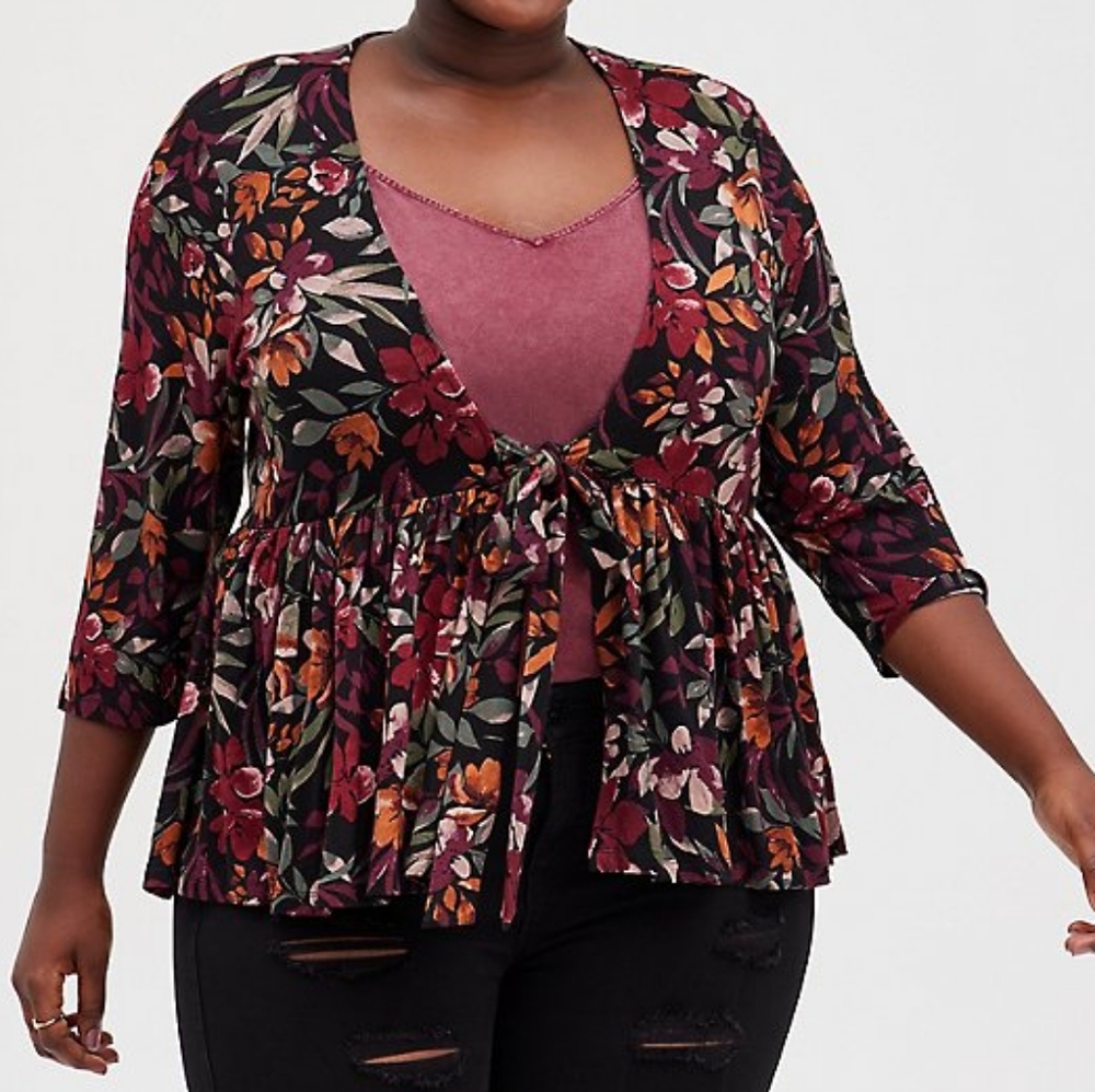 Torrid plus floral front tie knot knit jacket, 2X, multicolor